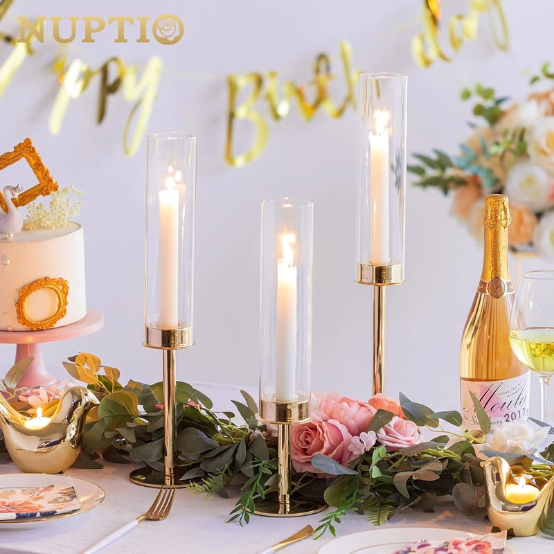 Nuptio Arany Fém Gyertyatartó Szett - 18 db Üveg Cilinder Kúpos Gyertyatartó Esküvői Dekorációhoz, Karácsonyi Asztalra, Vacsorához, Kandalló