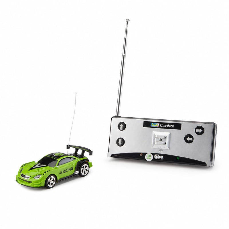 Mașină cu telecomandă Revell Control Mini RC Racer I, 1:43, verde, pentru interior — defectă, pentru piese: nu funcționează cu baterii (stare: vezi a 2-a imagine)
