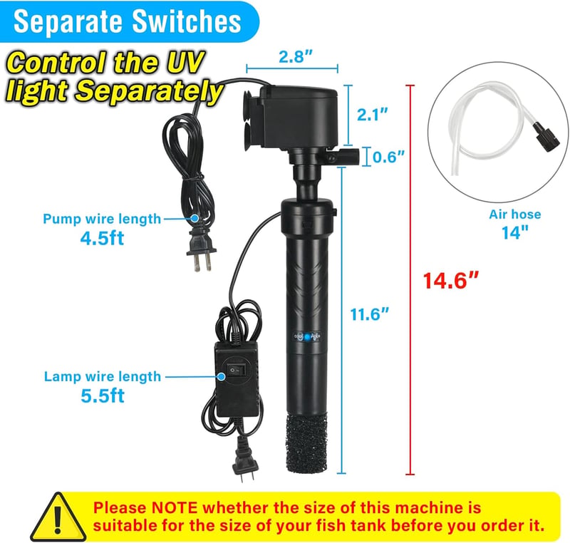 Aquarium UV szűrő és szivattyú 1200L/h - Algaölő, kristálytiszta vízhez 150-380L akváriumokhoz