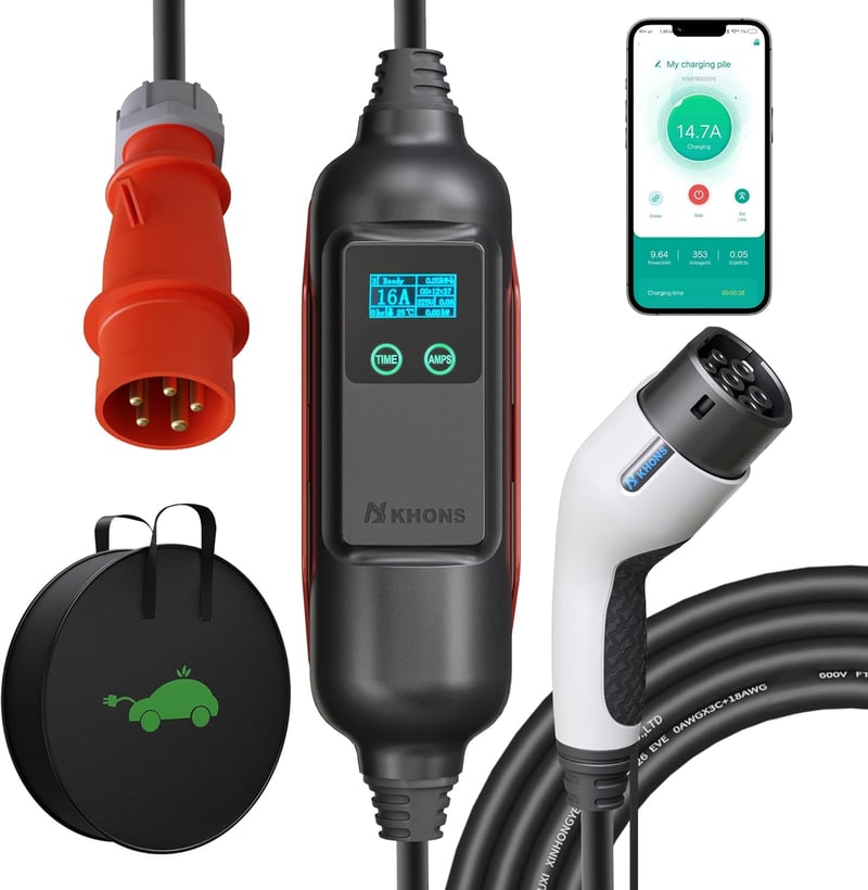Youwoauto 11KW 3-fázisú Hordozható Wallbox Töltőállomás - Type 2 Töltőkábel CEE Csatlakozóval, Állítható Töltőteljesítmény, Applikációs Vezé