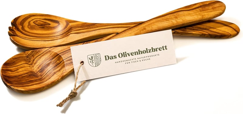 Kézműves Olívafalágyító Szett - 30 cm-es Salátaszervírozó Evőeszközök Rövid Villával - Természetes Antibakteriális Olívafából - Egyedi Mintá
