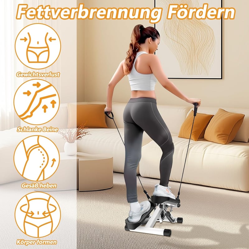 Aolawco Mini Stepper 100 kg Teherbírással, LCD Kijelzővel és Edzőkötelekkel - Otthoni Fitness Lépcsőző Gép Láb/Kar/Fenék Edzéshez, Fekete