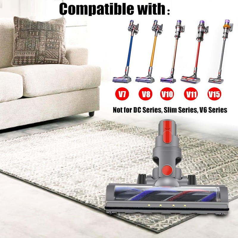 Dyson V7-V15 kompatibilis motoros turbókefe LED-fénnyel, szőnyegre és keménypadlóra