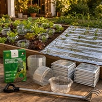 Komplet za zaštitu sadnica: 20x zaštitni prsten + 10x termo folija + 800g bio gnojivo + vrtne grablje 1