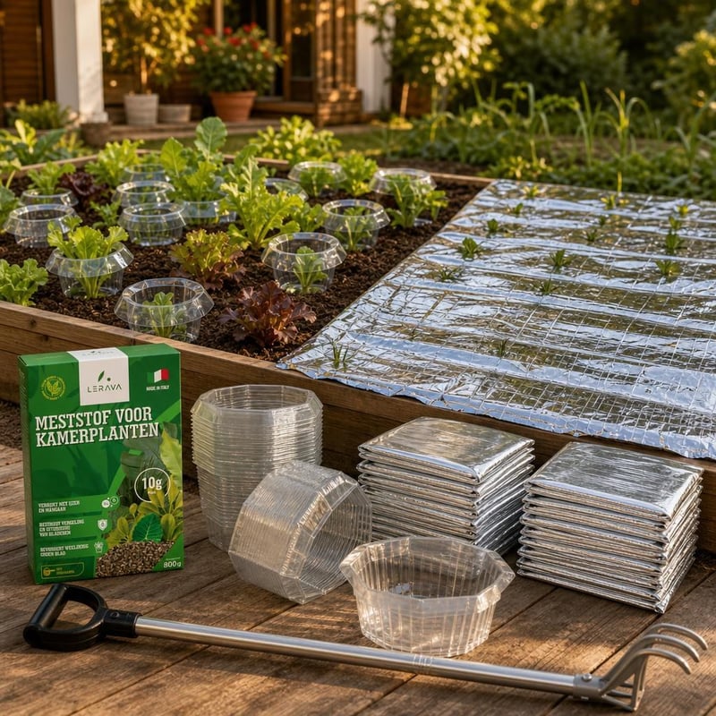 Komplet za zaštitu sadnica: 20x zaštitni prsten + 10x termo folija + 800g bio gnojivo + vrtne grablje