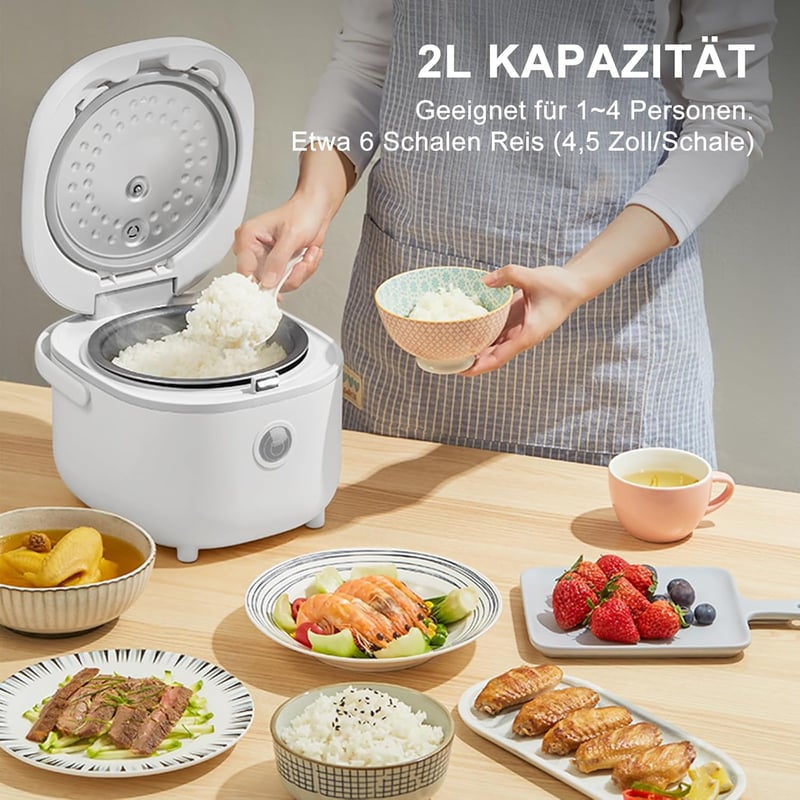 BAR 350W Elektromos Rizsfőző 4 Személyre - 0,87L Multifunkciós Mini Rizsfőző Párolóval, 6 Főzési Program, NTC Érzékelő, Fehér