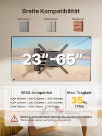monTEK TV Fali Tartó 23-65 Colos Képernyőkhöz, 94 cm Kinyúlású Forgatható Dönthető Konzol, VESA 400x400mm, 35kg Teherbírás, Fekete 2