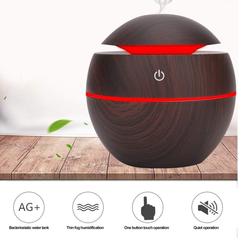 Akozon Gömb Alakú USB Párásító Diffúzor - Csendes Légtisztító Otthonra és Irodába - 130ml Tartály, Automata Kikapcsolás, Sötét Fa Mintázat