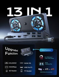 LISEN 13-in-1 Dokkoló Steam Deck/Legion Go/ROG Ally/MSI Claw Konzolokhoz - Kettős Hűtőventilátorral, 4K HDMI, 5 USB Port, Gigabit Ethernet,  2