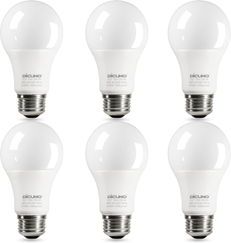 DiCUNO E27 LED Izzó 15W, 100W Helyettesítő, 2700K Meleg Fehér, 1350lm, A60 Matt, CRI 90, Energiatakarékos, Beltéri Világítás, 6 Darabos Csom