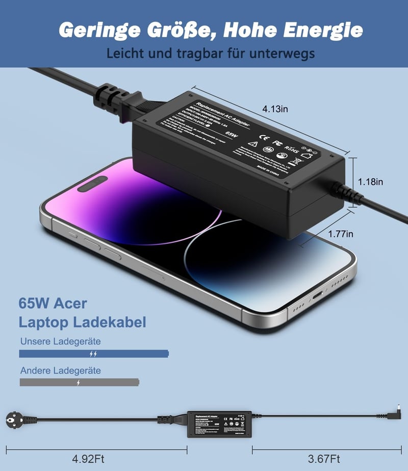 Shefor 65W Laptop Töltő Acer Aspire 5, Swift 1 3 5, Chromebook Sorozathoz - 19V 3.42A Univerzális Adapter 3.0x1.1mm Csatlakozóval - Fekete