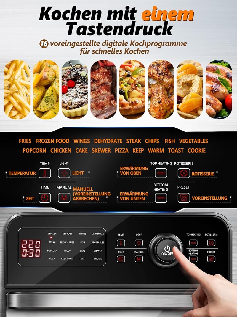 MICHELANGELO 14,5L Digitális Forrólevegős Sütő 1700W - Olaj Nélküli Légkeveréses Fritőz 16 Programmal, Forgónyárssal és Aszalóval, 8 Kiegész