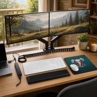 Munkahelyi oázis: USB-hub + billentyű-egér szett + egérpad + csuklótámasz + dupla monitortartó + kábelrendező 1