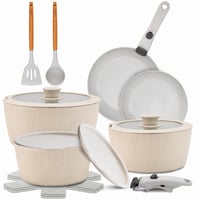 Set de vase din ceramică NutriChef, 13 piese, crem, cu mâner detașabil, inducție, antiaderent, stivuibil, rezistent la cuptor, pentru toate tipurile de plită — set de 13 piese 1