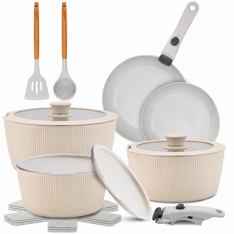 Set de vase din ceramică NutriChef, 13 piese, crem, cu mâner detașabil, inducție, antiaderent, stivuibil, rezistent la cuptor, pentru toate tipurile de plită — set de 13 piese