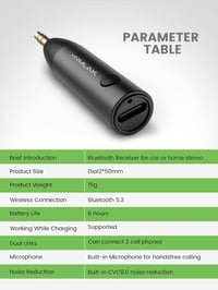 HVMLAK Bluetooth 5.3 AUX adapter autóba, erős mikrofonnal, fém burkolattal 6