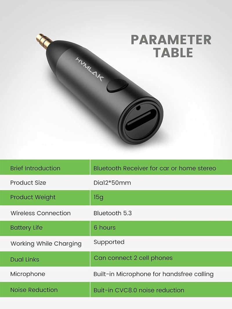 HVMLAK Bluetooth 5.3 AUX adapter autóba, erős mikrofonnal, fém burkolattal