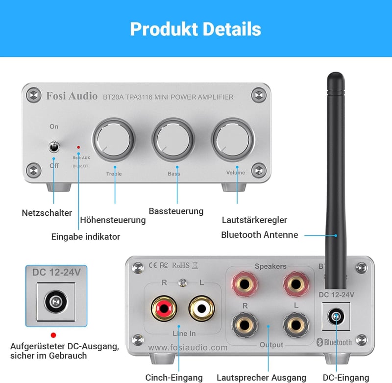 Fosi Audio BT20A-S 200W Bluetooth HiFi Erősítő Basszus és Magas Szabályzóval