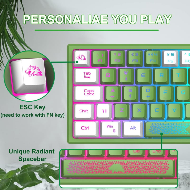 Redragon Mini 60% RGB Gamer Billentyűzet, Zöld-Fehér, QWERTY, PC/Mac