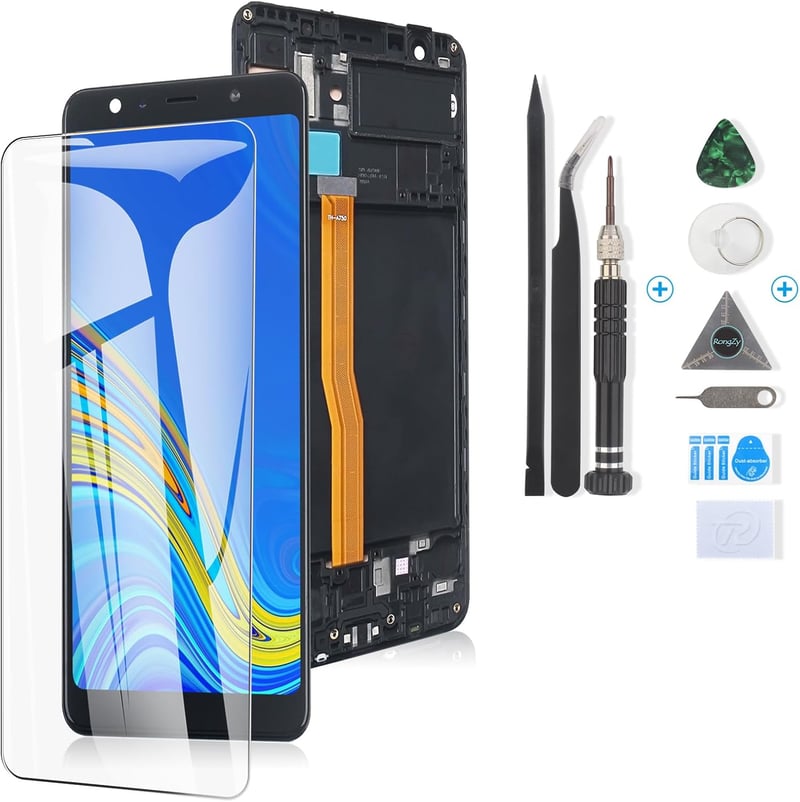 RongZy Samsung Galaxy A7 2018 (A750) Kijelző Csere - OLED Érintőképernyő Digitalizálóval, Fekete Kerettel és Szerszámokkal
