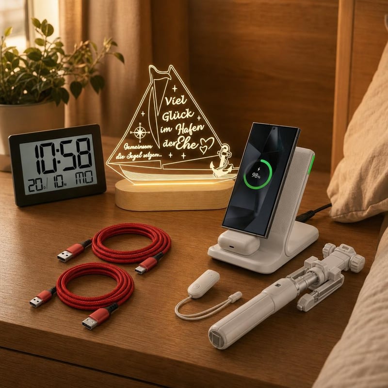 Éjjeliszekrény-rendrakó: 2 db USB-C kábel + vezeték nélküli töltő + szelfibot + LED lámpa + digitális óra
