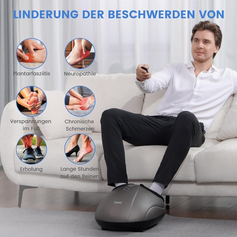 Breo elektromos lábmasszírozó gép melegítéssel, shiatsu és légkompresszió, 46-os méretig