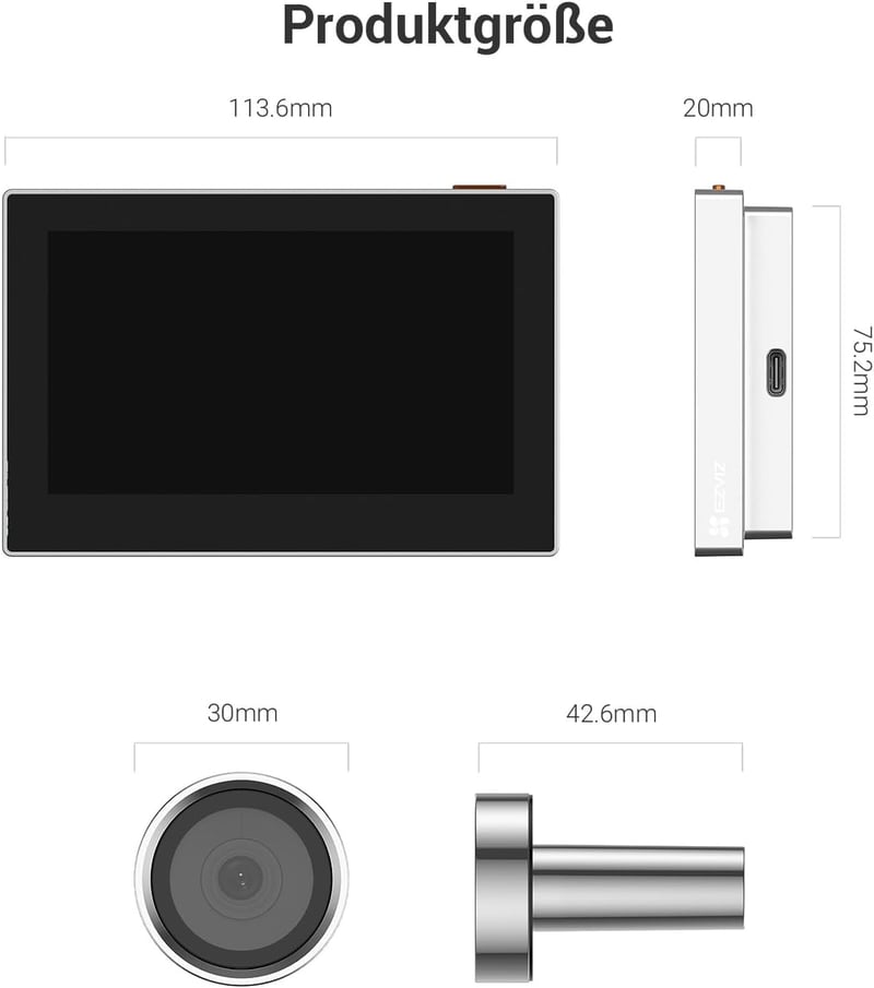 EZVIZ CP2 WiFi Ajtókémlelő 4,3" Színes Kijelzővel - 2MP Vezeték Nélküli Videós Kaputelefon 146° Látószöggel, 2200 mAh Akkumulátorral, Időjár