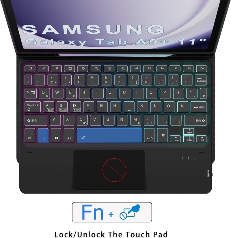 ROOFEI Samsung Galaxy Tab A9 Plus Tok QWERTZ Billentyűzettel - 7 Színű RGB Háttérvilágítás, Bluetooth, Levehető Billentyűzet Trackpaddal, 11