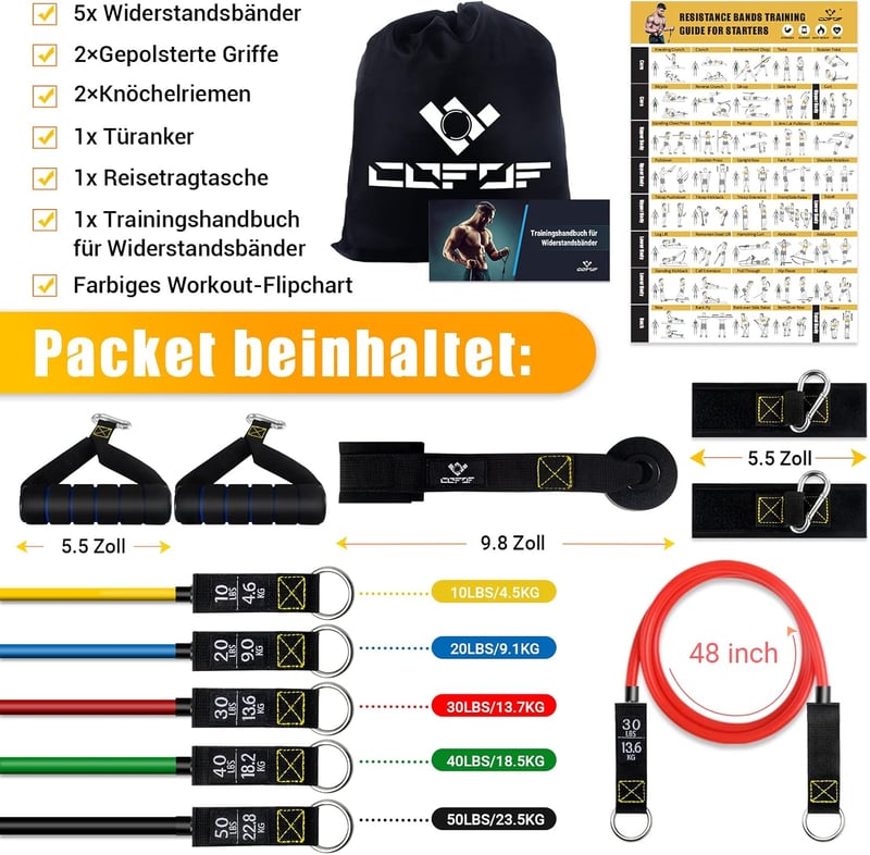 COFOF Ellenállás Gumiszalag Készlet 5 Színben - 150 lbs Erősítő Edzőszalag Szett Fogantyúval, Bokapánttal, Ajtórögzítővel - Pilates, Erőnlét