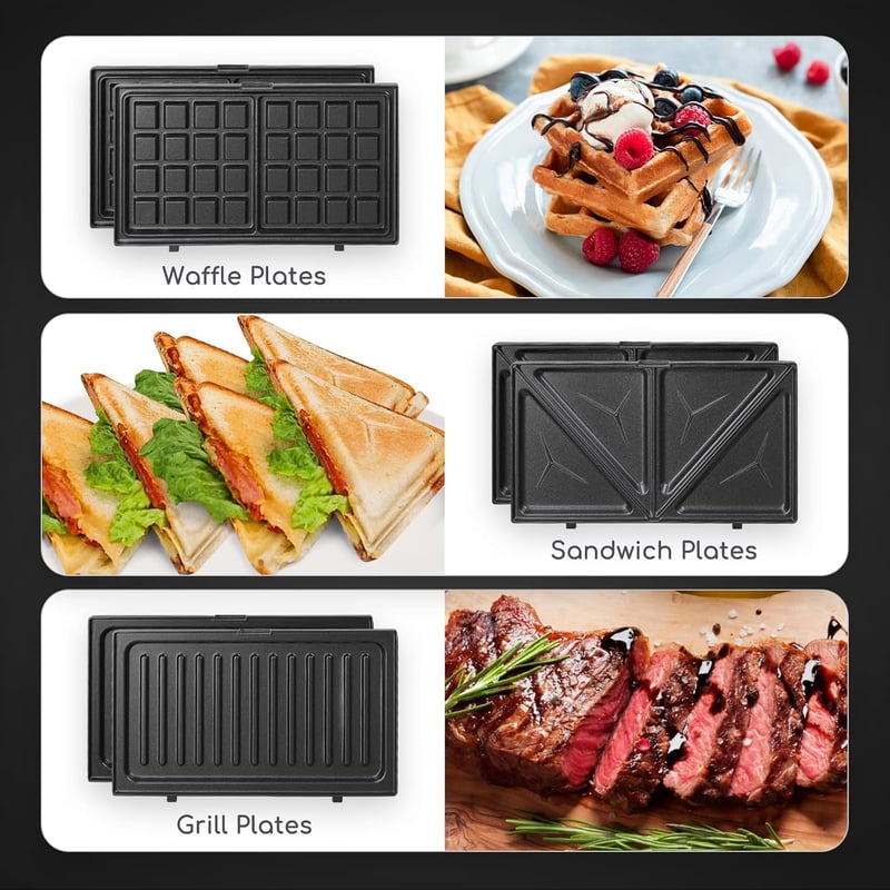 Aigostar 3 az 1-ben szendvicssütő: grill, gofrisütő, melegszendvics-készítő 750W