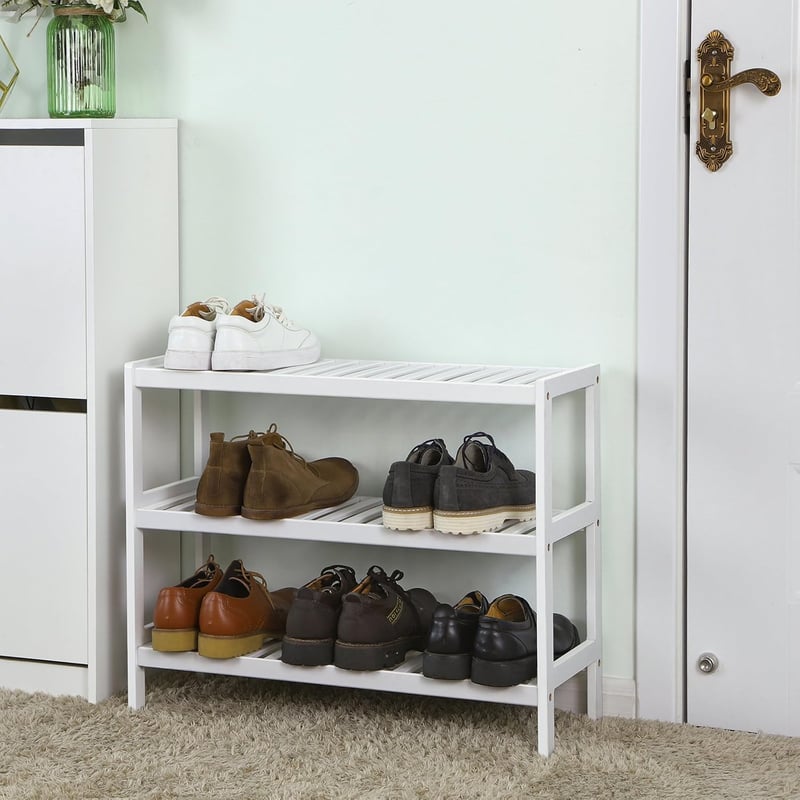 SONGMICS Bambusz Cipőtartó 3 Polcos Fehér 70x55cm Előszoba Hálószoba Nappali - 70 x 55 x 26 cm, White