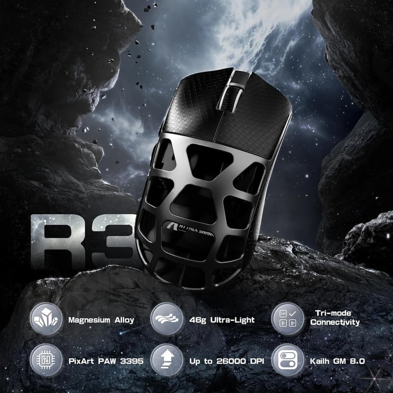 ATTACK SHARK R3PRO 46g Szuperkönyű Magnézium Gamer Egér, 8000Hz Vezeték Nélküli, 26000 DPI, PixArt PAW3395 Szenzor, Bluetooth/2.4G/Vezetékes