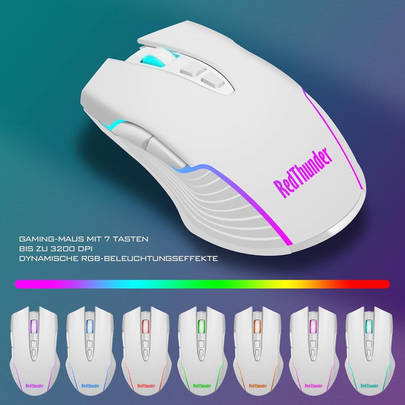 RedThunder K10 Vezeték Nélküli Gamer Billentyűzet és Egér Szett, QWERTZ DE Kiosztás, LED Háttérvilágítás, 3000 mA Akkumulátor, 3200 DPI, Feh