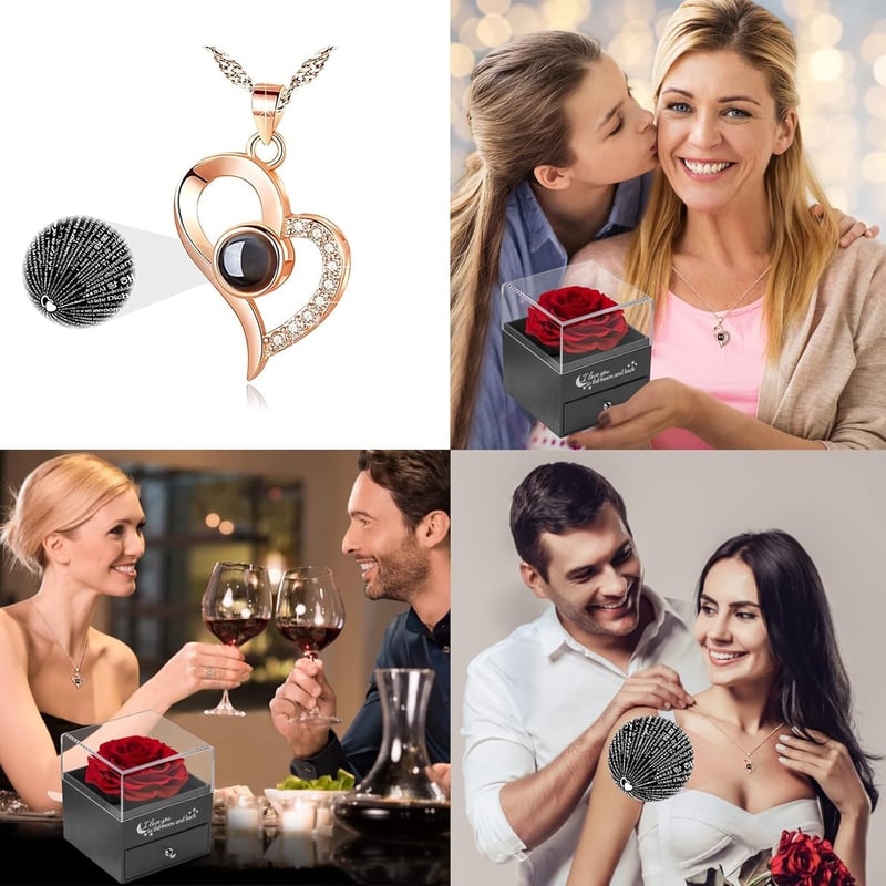 Örök Rózsa Ajándékszett - Valódi Rózsaszirom Holdformában "I Love You" Nyaklánccal, Szerelmi Ajándék Nőknek