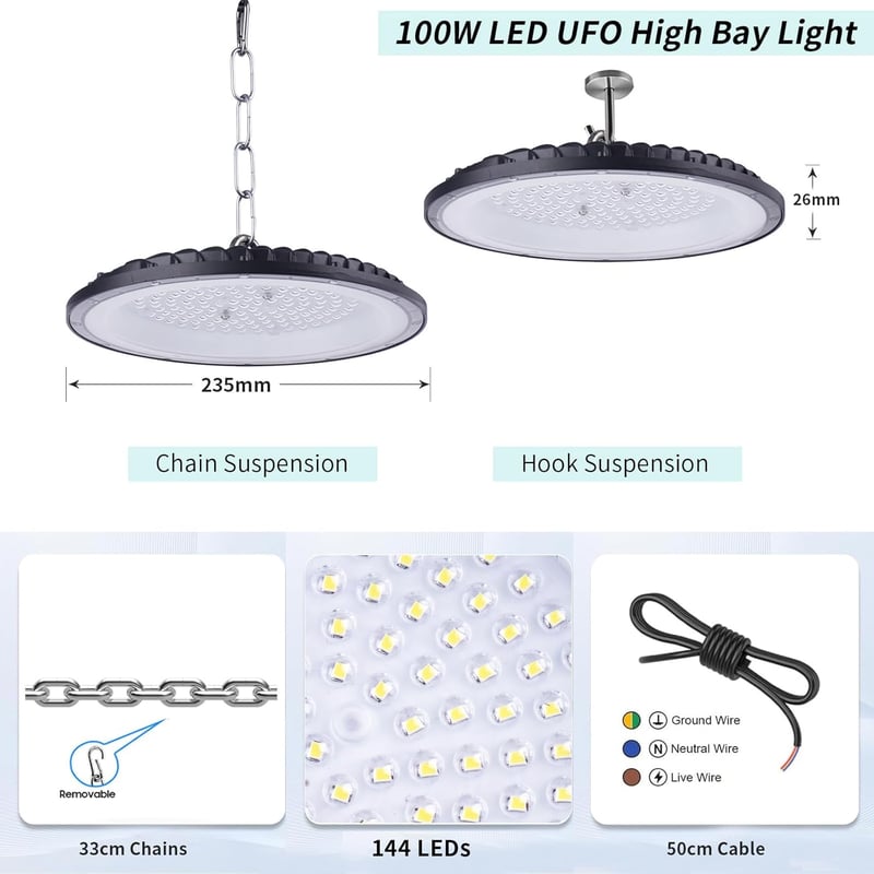 Fosingut 100W UFO LED Csarnokvilágítás - 144 LED, 10000lm, 6500K Hideg Fehér, IP65 Vízálló Ipari Lámpa Műhelyekbe, Gyárakba, Garázsokba