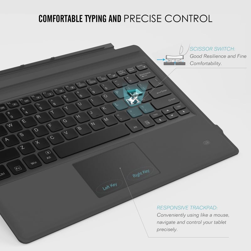 MoKo Bluetooth Billentyűzet Microsoft Surface Pro 7/6/5/4/3 Tablethez - 7 Színű LED Háttérvilágítás, Beépített Touchpad, Újratölthető Akkumu