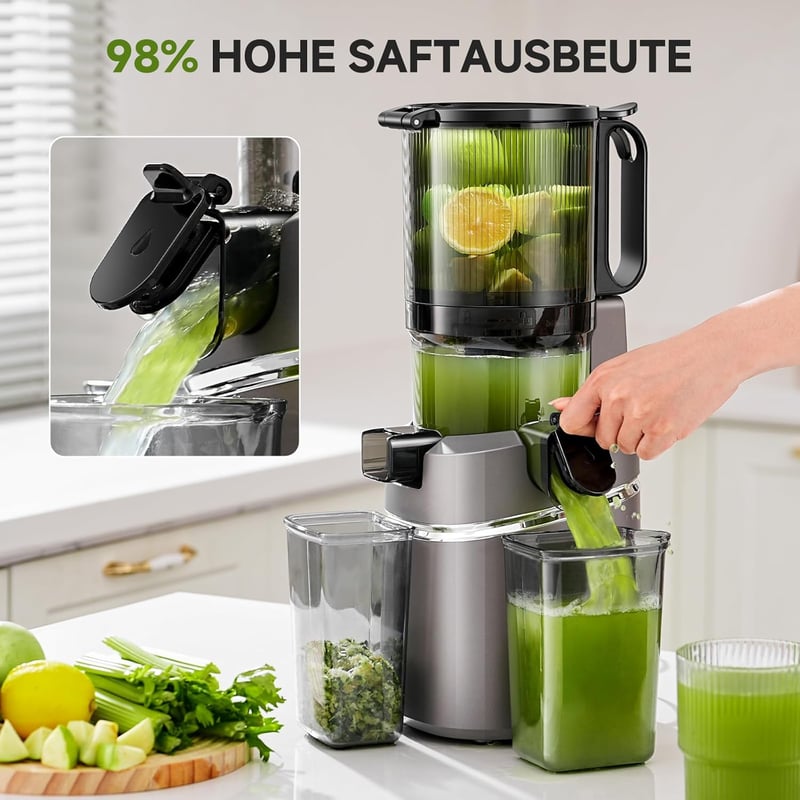 AMZCHEF Automata Gyümölcs- és Zöldségprés 250W - Széles 135mm Adagolónyílás, 1,8L Kapacitás, Hármas Szűrőrendszer, Hidegpréselés, Csendes Mo