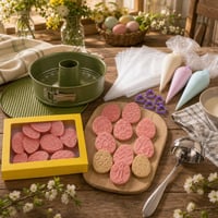 Set Tortă de Paște: 10x forme biscuiți + 3D ștampilă ou + formă 26cm + 100x poș + polonic 1