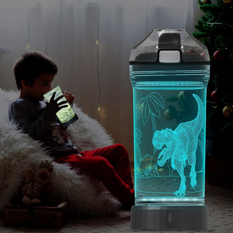 Lightzz Dinoszaurusz Gyerek Kulacs 3D LED Világítással - 14oz/397ml BPA-mentes Tritan - Iskolai, Túra, Kemping Ivópalack Fiúknak 3-15 Évesek
