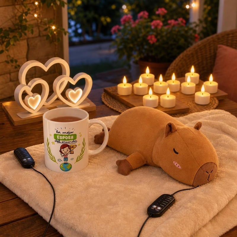 Poklon paket za suprugu: šalica + USB grijana dekica + 12 LED svjećica + 3 ukrasna srca
