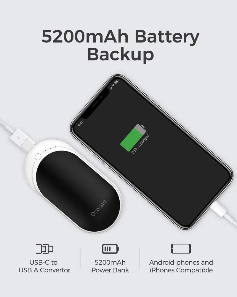 OCOOPA Újratölthető Kézmelegítő, 5200 mAh, 2 db, Alumínium, 3 Hőfokozat, Powerbank Funkcióval, Fekete, Kültéri Sportokhoz, Raynaud Szindrómá