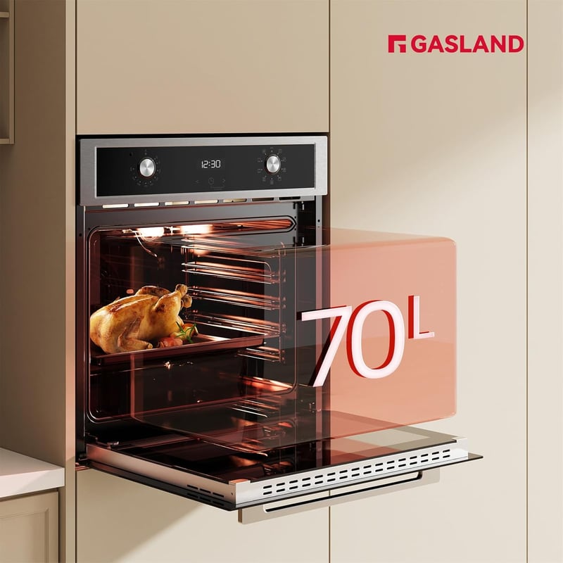 GASLAND ES609321DSH Beépíthető Sütő 70L - 9 Funkciós Elektromos Sütő Forrólevegővel, Teleszkópos Sínnel, Rozsdamentes Acél, Gyerekzárral