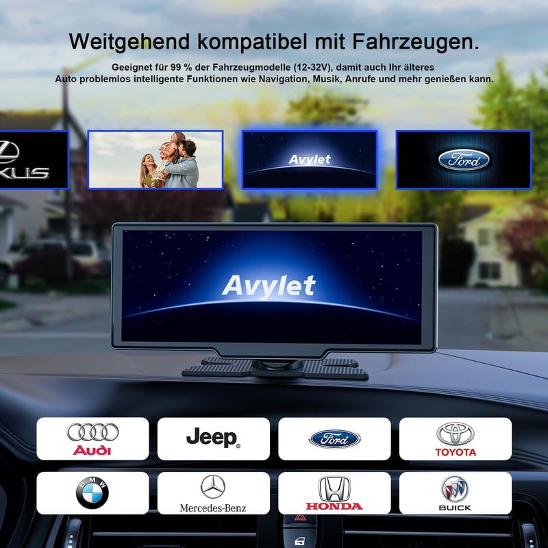 Avylet Vezeték Nélküli CarPlay 9,26" Érintőképernyővel - Android Auto, GPS Navigáció, Tolatókamera, Bluetooth, FM - Univerzális Autós Kijelz