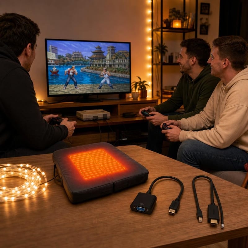 Játékest átalakító: HDMI–VGA átalakító + DisplayPort–HDMI kábel + USB LED-szalag + fűthető ülőpárna