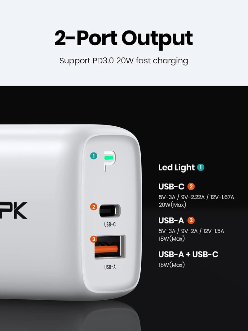 TOPK 20W PD 3.0 USB-C gyorstöltő 2 portos, fehér - Okostelefonokhoz és tabletekhez