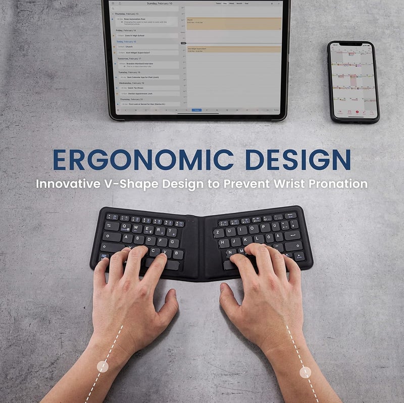 Perixx PERIBOARD-805 Ergo Összehajtható Bluetooth Billentyűzet - Ergonomikus V-alakú Kialakítás - iOS, Android, Windows Kompatibilis - Ultra