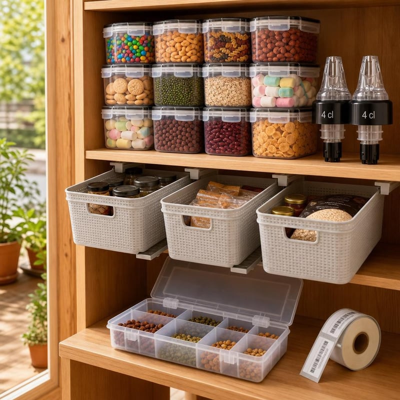 Set za organizaciju smočnice: 2x dozator + 12x posuda + 3x košara + 8x organizator + 10x rola naljepnica