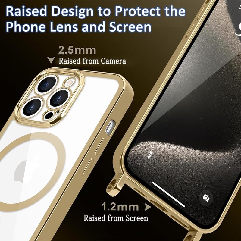 CaseLover iPhone 15 Pro arany mágneses nyakpántos tok, ütésálló kameravédelem