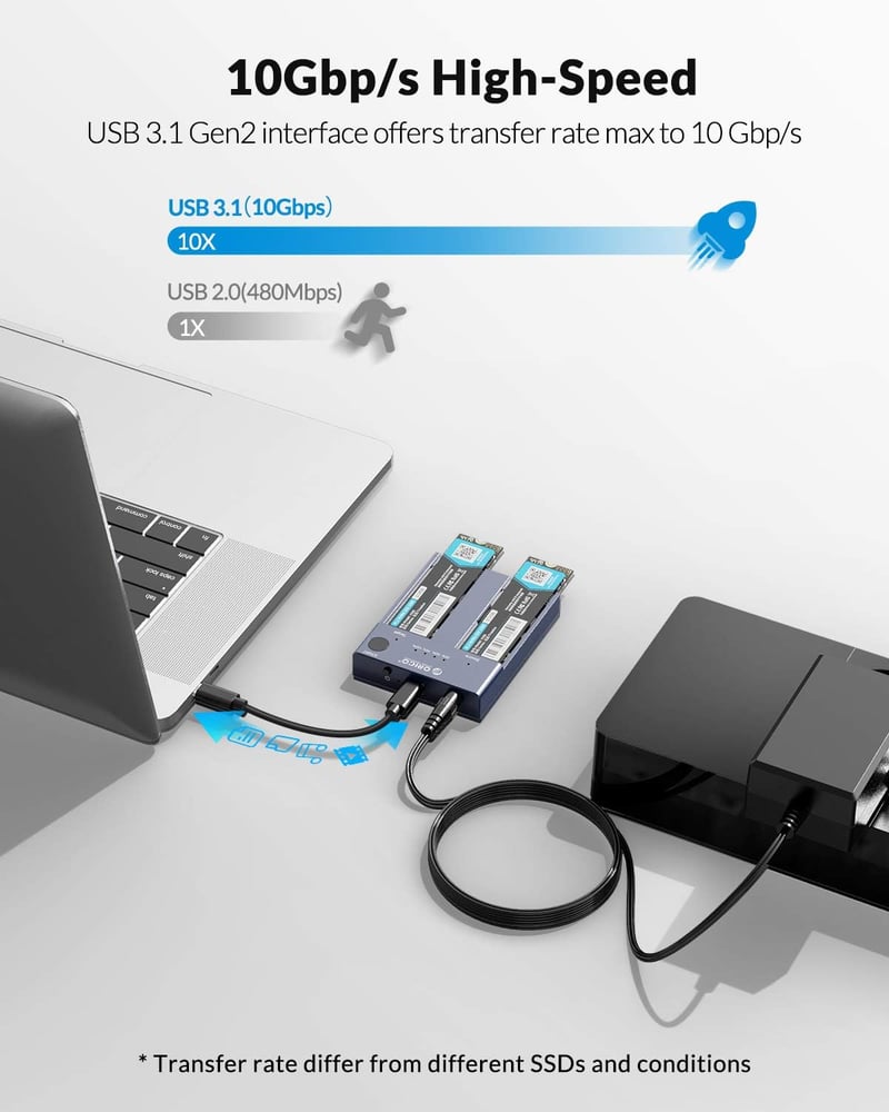 ORICO NVMe M.2 SSD Klónozó Dokkoló - 10 Gbps, Két Rekeszes, Offline Másolás