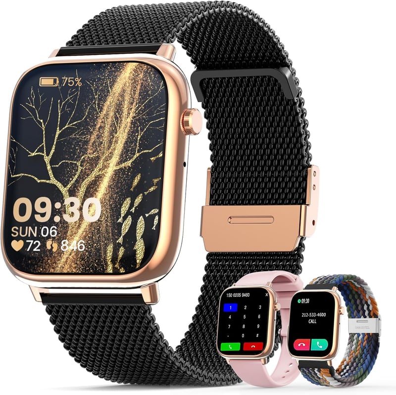 Ceas inteligent Elfofle 1.83" HD cu funcție de apelare, rezistent la apă IP67, măsurare SpO2, Negru-Auriu